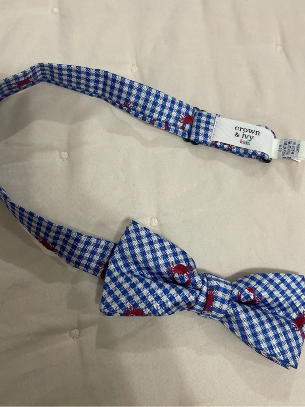 crown & ivy Blue Gingham Bow Tie with Red Crab Motif